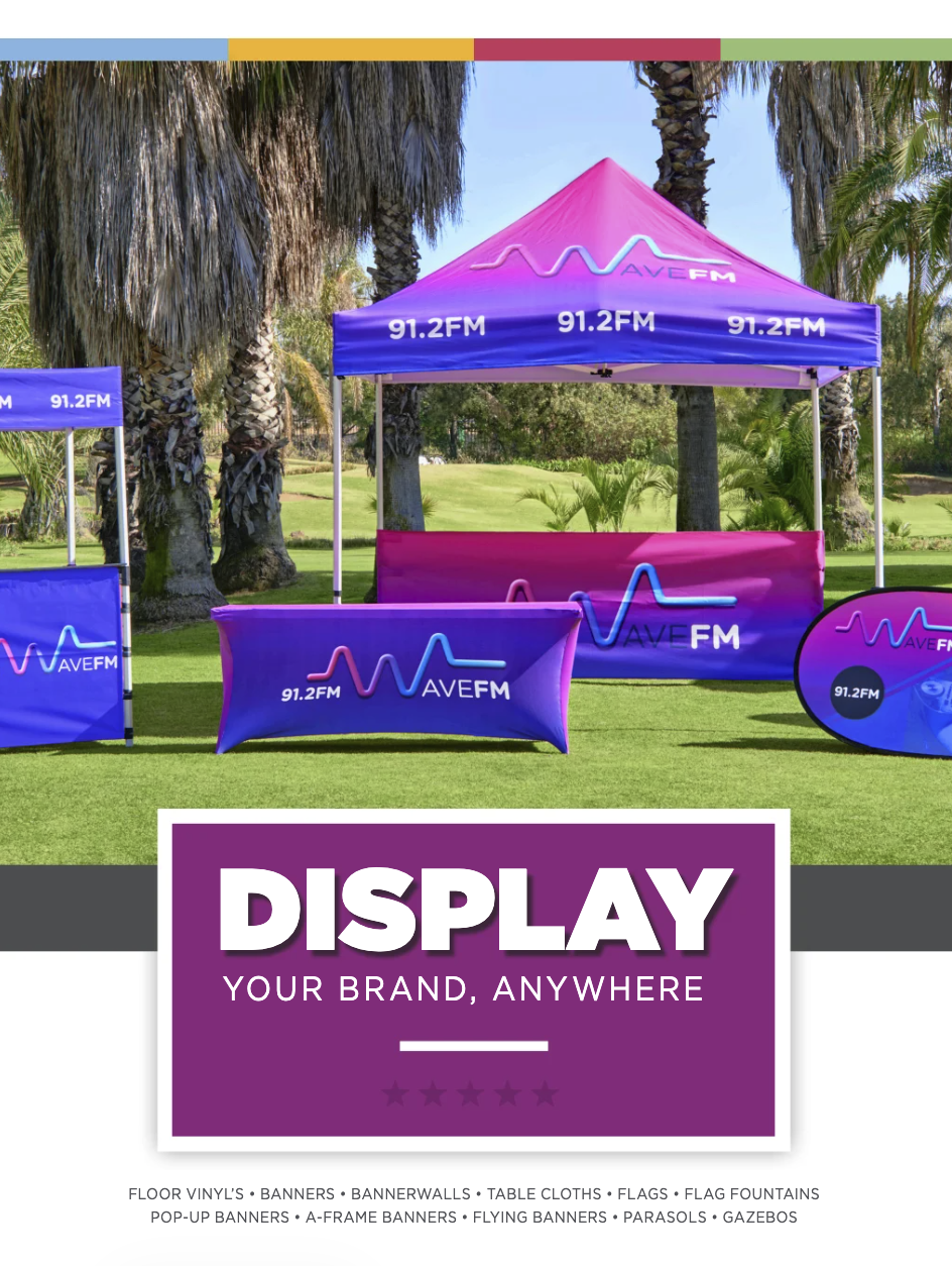Display and signage catalogue cover. Branded pull-up banners, gazebos and event signage for Gauteng expos