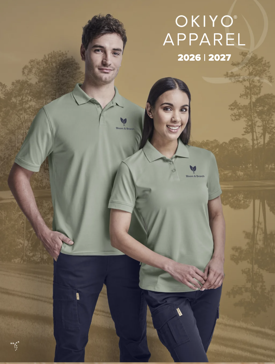 Okiyo lifestyle apparel catalogue cover. Modern branded apparel for team uniforms and events