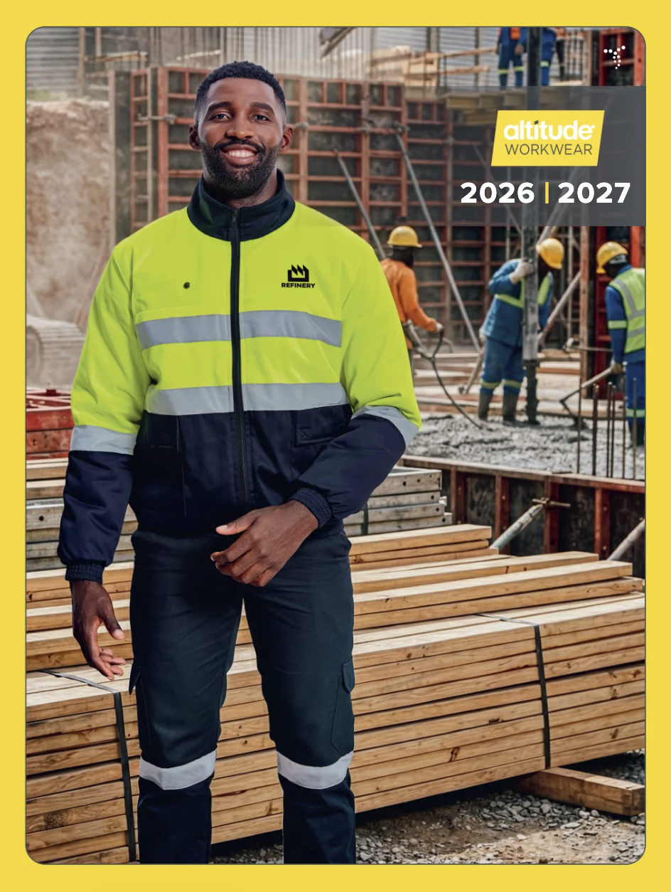 Altitude workwear catalogue cover. High-visibility jackets, overalls, safety gear branded for South African contractors